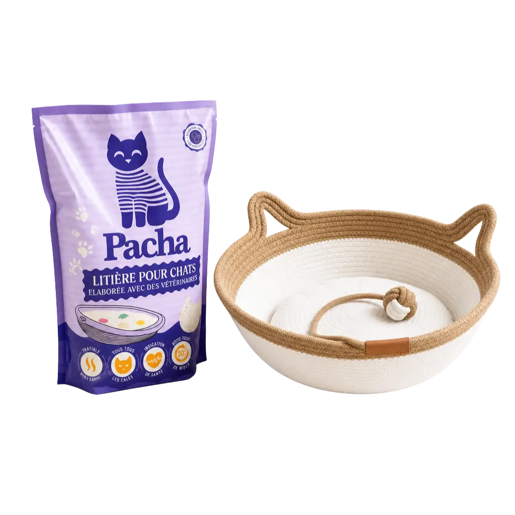 Sac de litière Pacha + panier tressé en corde de coton et lin offert
