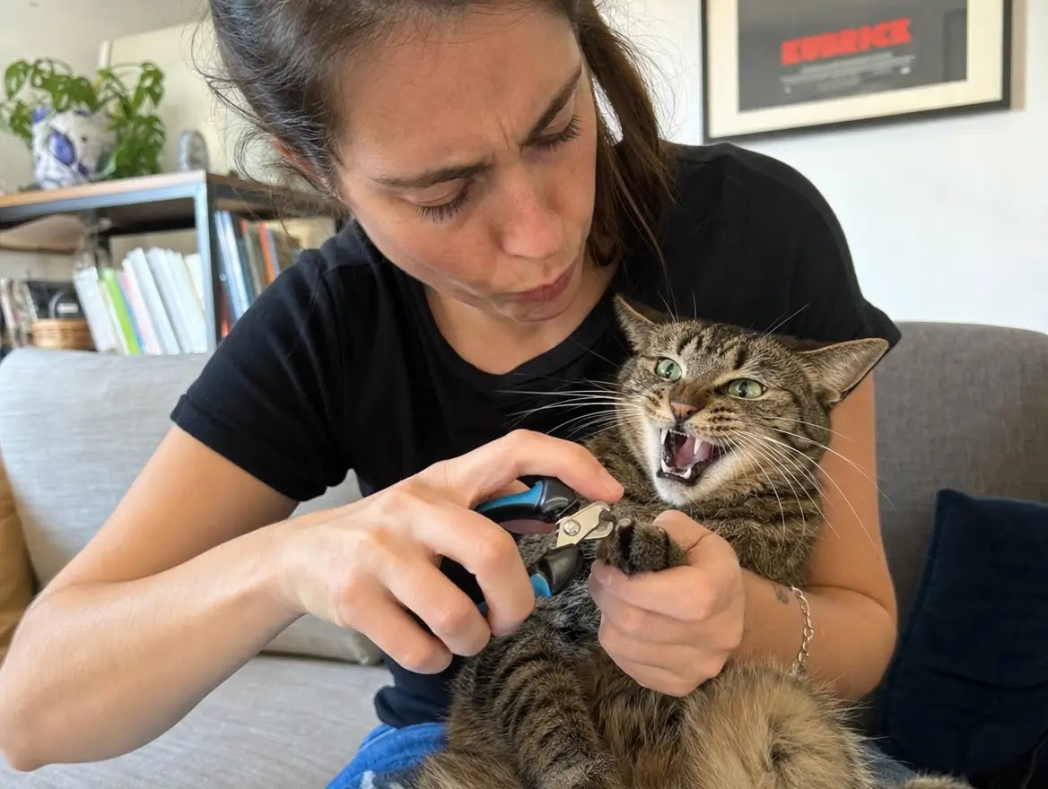 Femme essayant de couper les griffes de son chat tigré qui se débat et feule, scène de bagarre quotidienne