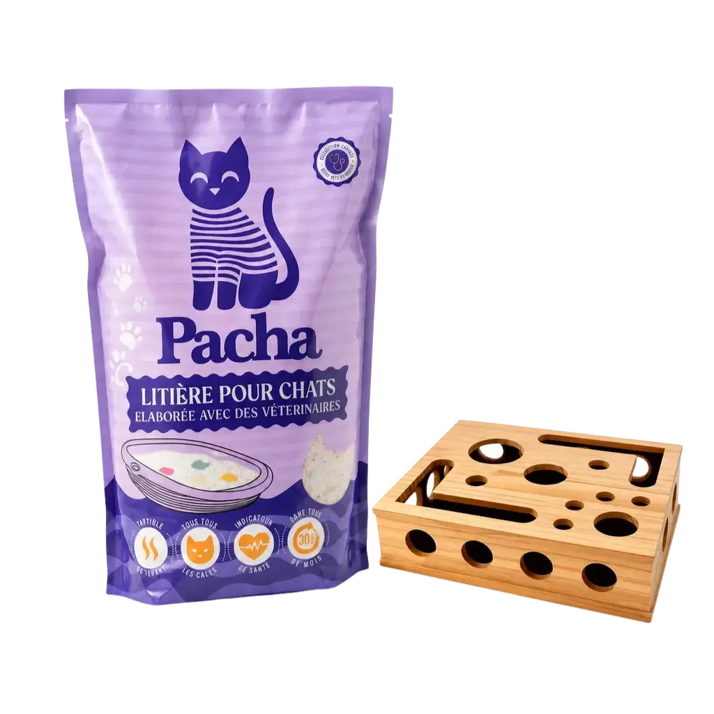 Sac de litière Pacha + boîte puzzle lime-griffes en bois offerte