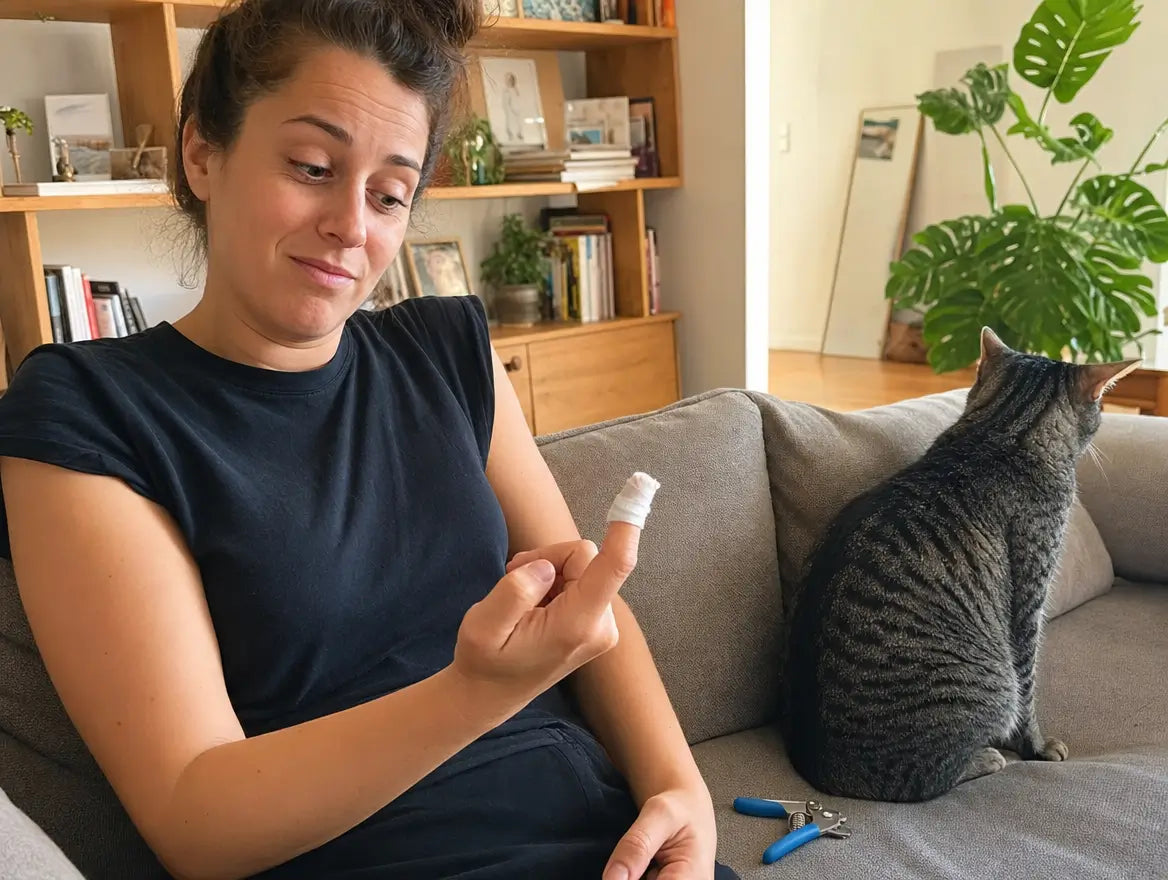 Femme avec un sparadrap au doigt, pince coupe-griffes abandonnée à côté, chat tigré qui détourne la tête