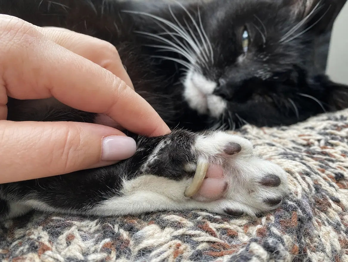 Patte d'un vieux chat noir et blanc avec une griffe anormalement longue et courbée touchant presque le coussinet