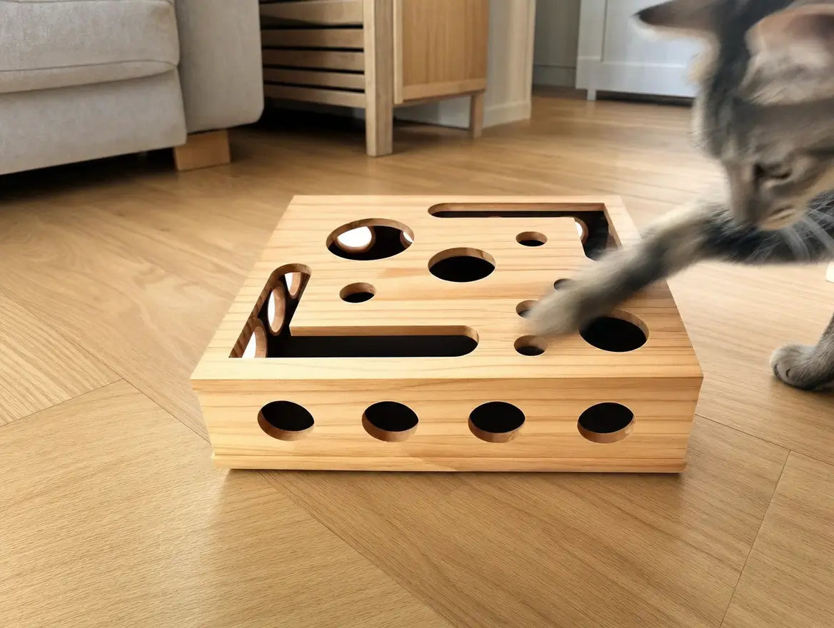 Boîte puzzle lime-griffes en bois avec une patte de chat tigré qui passe par une ouverture pour attraper l'intérieur