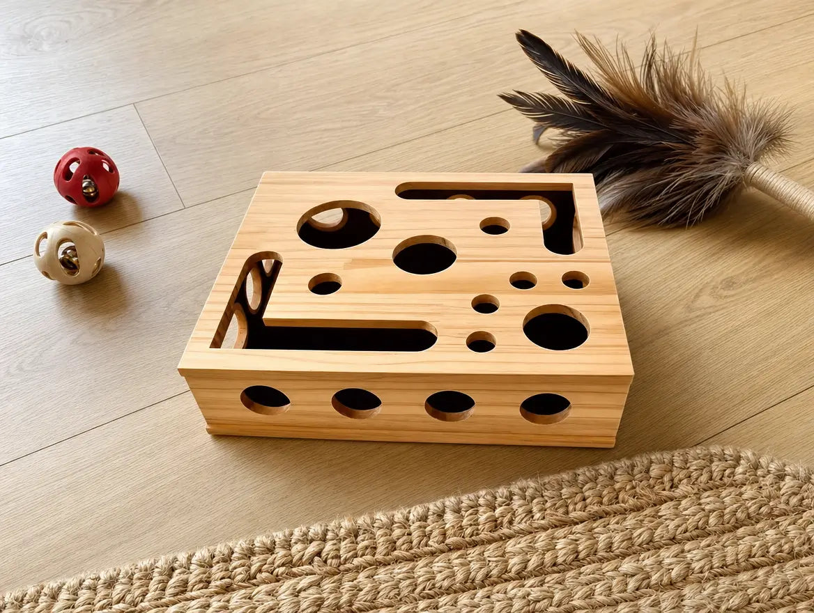 Flat-lay boîte puzzle lime-griffes en bois avec balles à grelot et plumeau posés à côté sur parquet