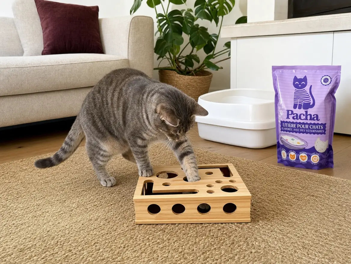 Salon avec un chat tigré en train de jouer avec la boîte puzzle lime-griffes, sac de litière Pacha et bac à litière en arrière-plan