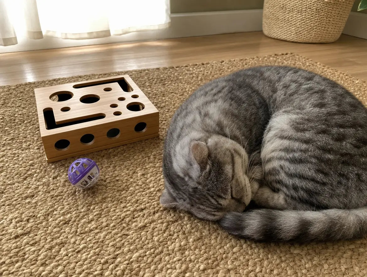 Chat tigré gris endormi en boule sur un tapis en jute à côté de la boîte puzzle lime-griffes en bois et d'une balle à grelot violette