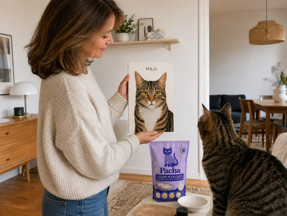 Marion qui tient le Portrait Pacha personnalisé 'Milo' face à son vrai chat tigré, sac de litière Pacha violet posé sur la table — moment de présentation dans son salon