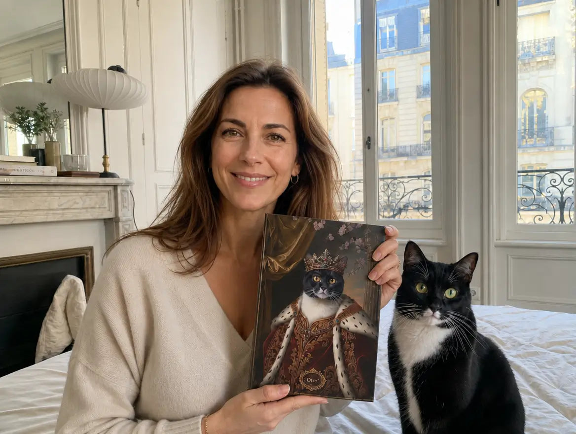 Femme qui tient son Portrait Pacha personnalisé 'Otto' — chat en costume royal avec couronne et robe brodée — à côté de son vrai chat noir et blanc, dans un appartement haussmannien avec balcon parisien