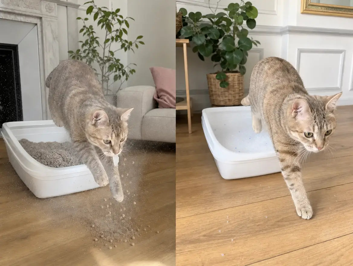 Comparatif visuel : à gauche, un chat sort d'une litière agglomérante classique en laissant un nuage de poussière et des grains sur le parquet ; à droite, un chat sort d'une litière Pacha en cristaux de silice blancs, quelques grains nets au sol vite aspirés