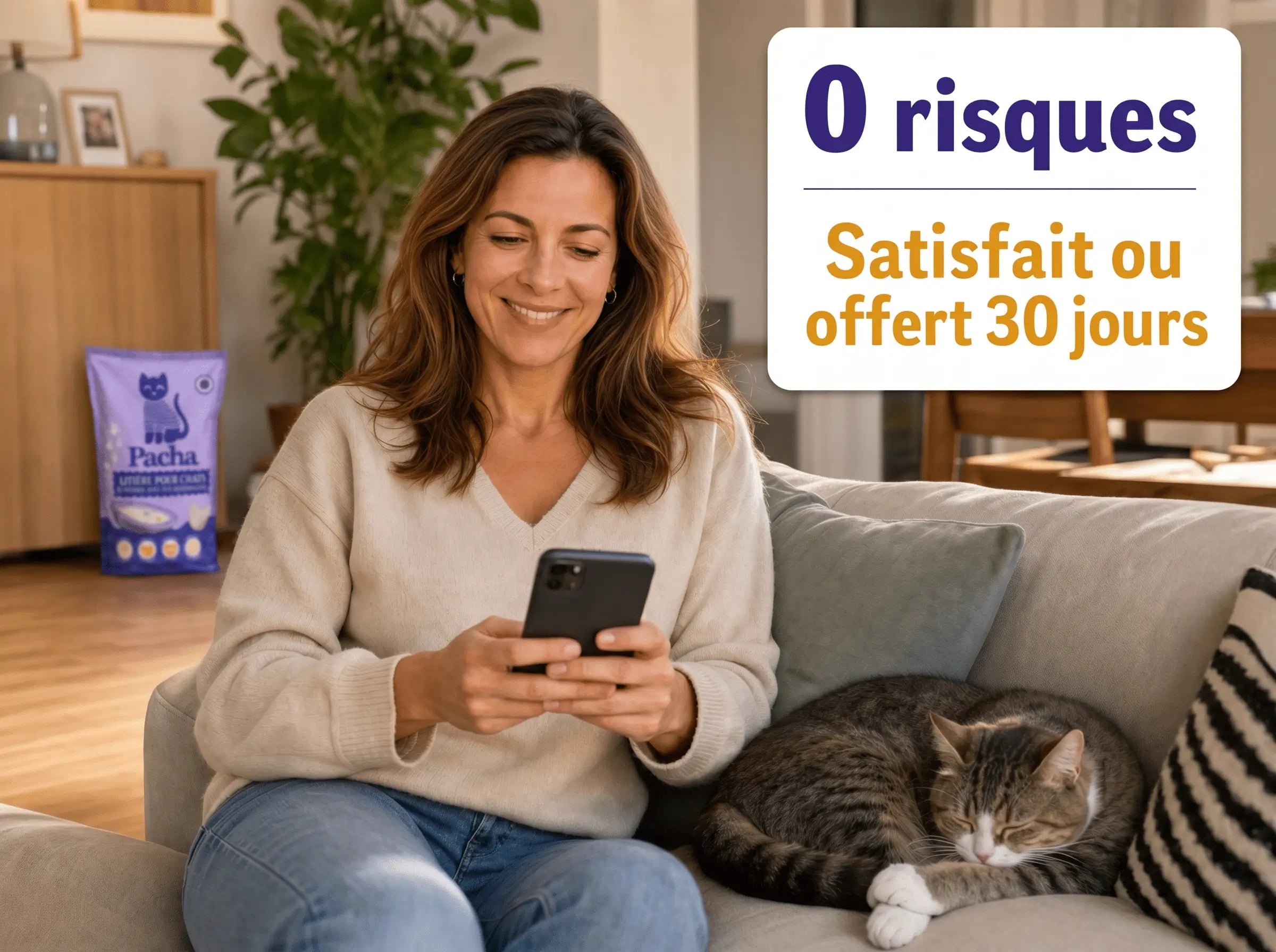 Cliente détendue sur son canapé qui consulte son smartphone, un chat assoupi à côté d'elle, avec en surimpression la mention « 0 risques — Satisfait ou offert 30 jours »