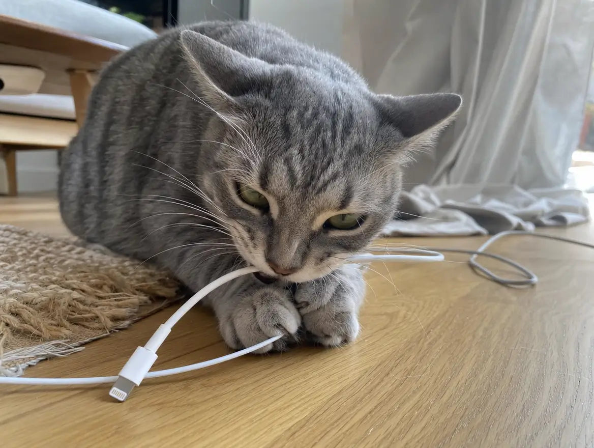 Chat tigré gris en flagrant délit en train de mâchouiller un câble de chargeur sur le parquet