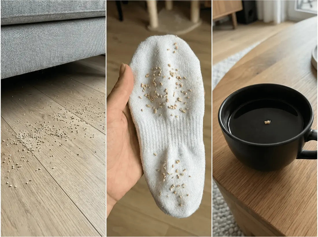 Grains de litière partout : sous le canapé, collés sous les chaussettes, dans une tasse de café