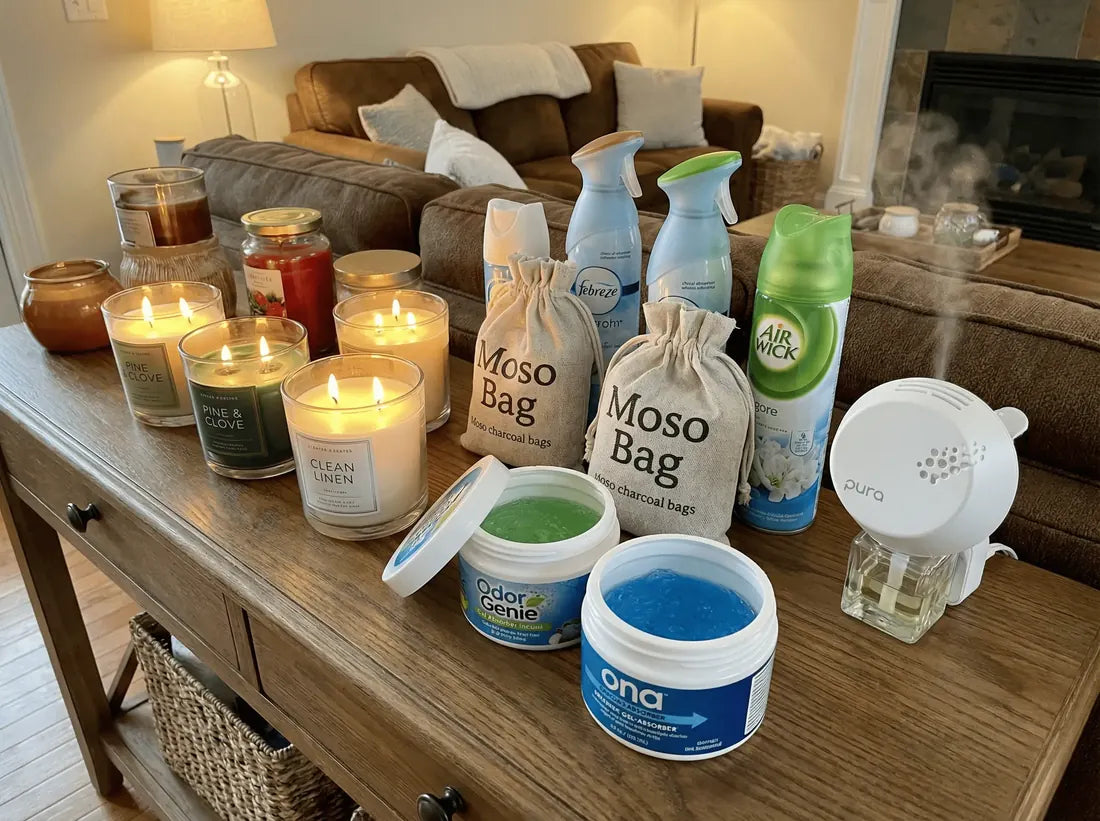 Arsenal anti-odeur : bougies, sprays, sachets de charbon, pots de gel alignés sur un meuble