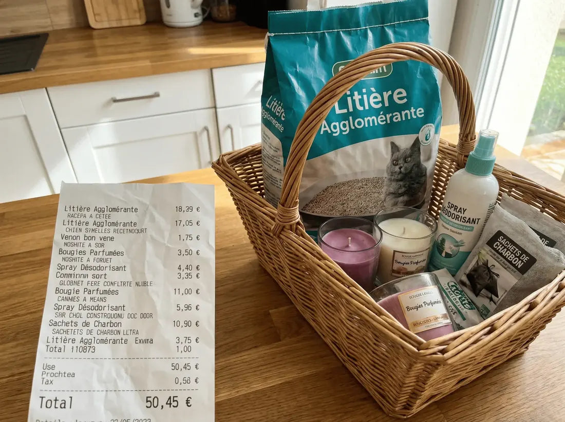 Flat-lay bougies, sprays, sachets de charbon, ticket de caisse