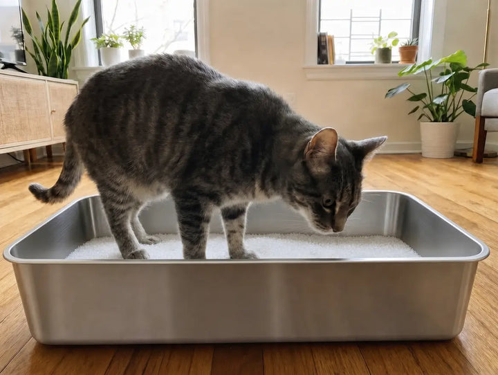 Chat tigré gris dans son bac à cristaux Pacha blancs — texture sèche et propre, salon lumineux