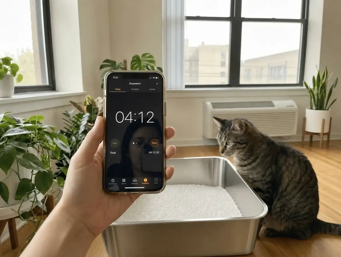 Chronomètre à 4:12 sur le téléphone, le chat à côté du bac inox rempli
