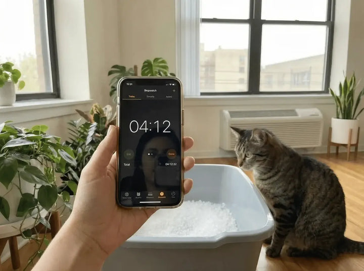 Chronomètre iPhone affiche 04:12 à côté du nouveau bac rempli de cristaux Pacha — chat tigré témoin à droite