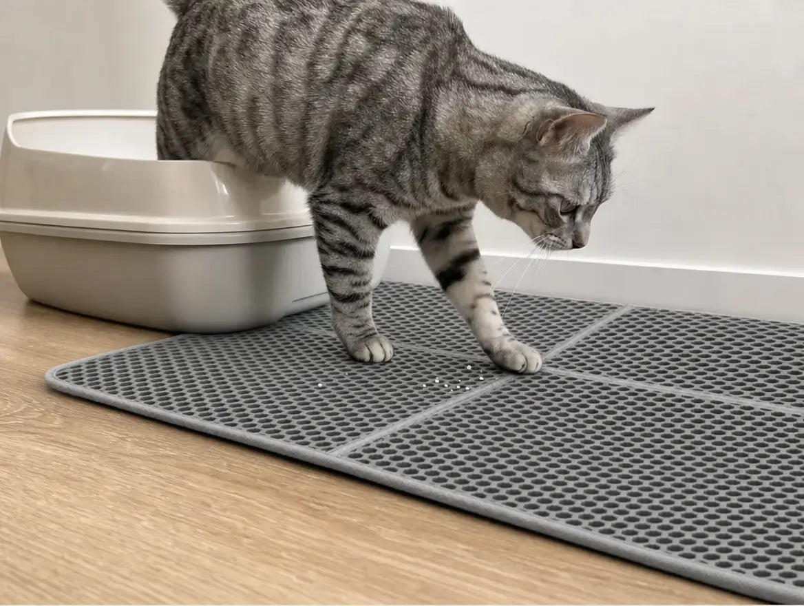 Chat sortant du bac à litière sur un tapis XL avec quelques grains piégés
