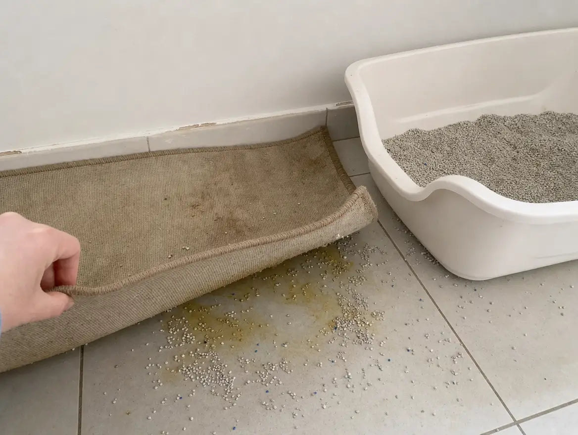 Main soulevant un vieux tapis en tissu sale, laissant apparaître des grains et une zone humide en dessous