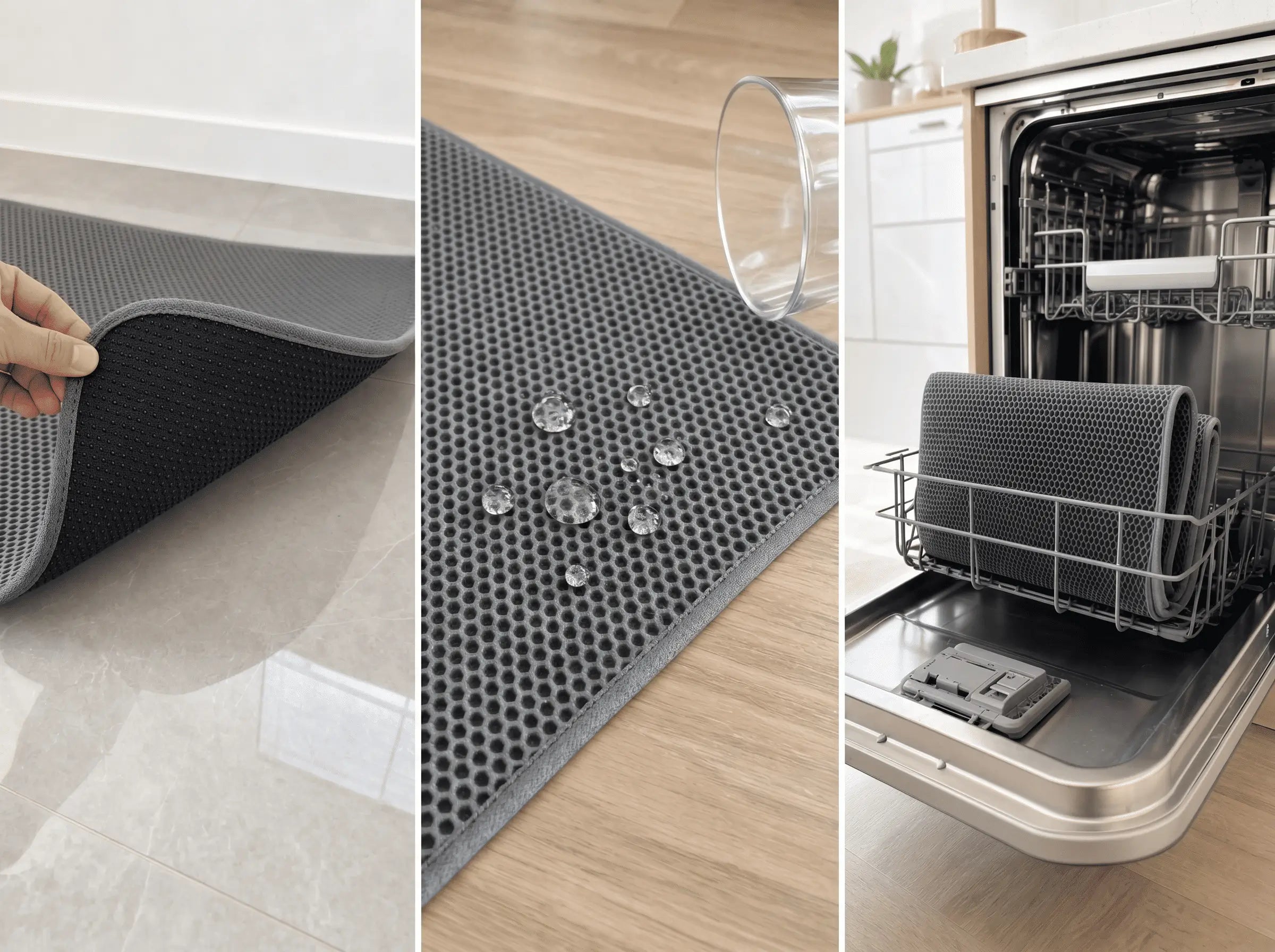 Triptyque tapis XL : surface antidérapante, base étanche avec gouttes d'eau, lavable au lave-vaisselle