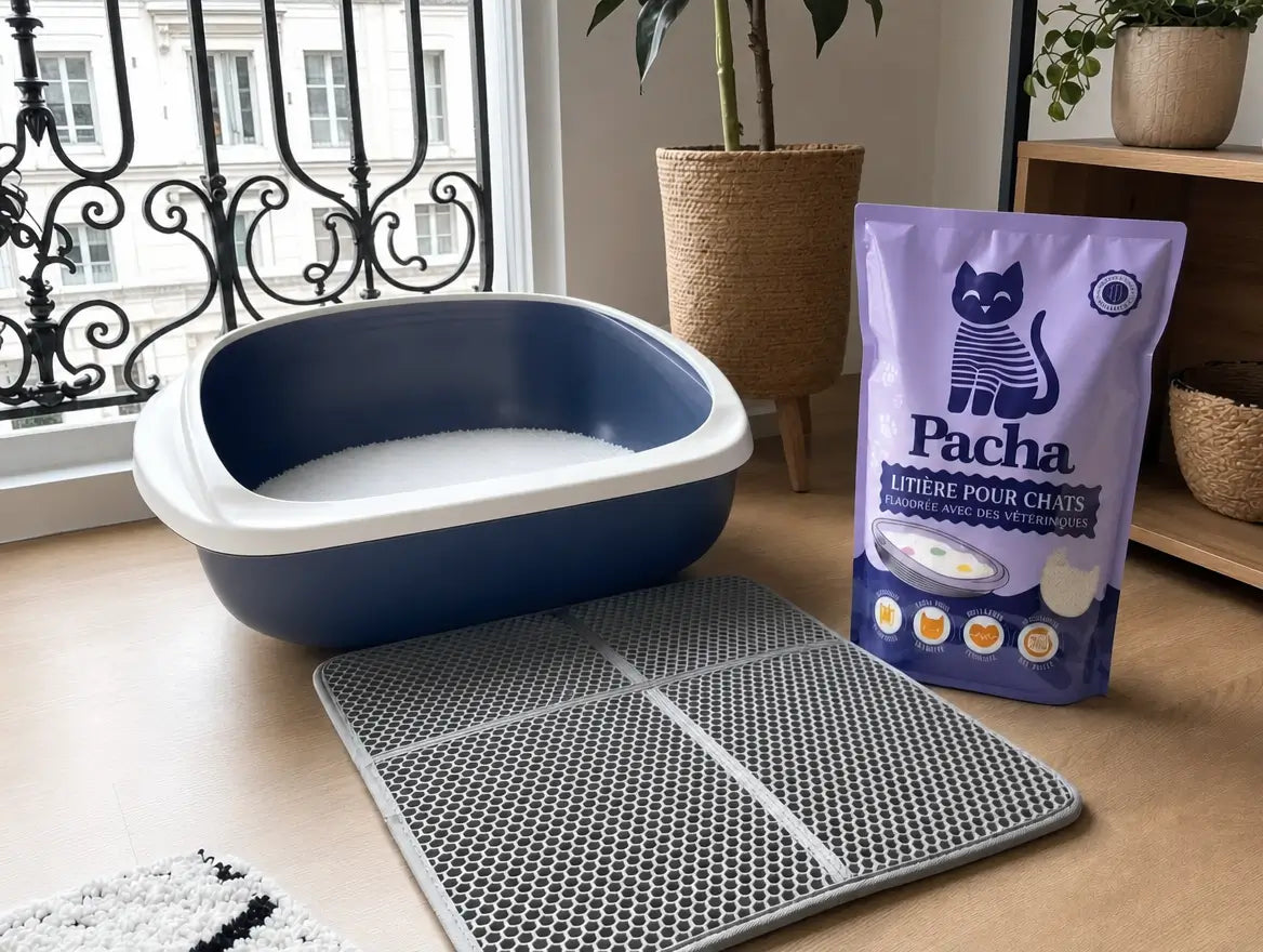 Bac à litière, tapis XL et sac de litière Pacha installés ensemble dans un appartement