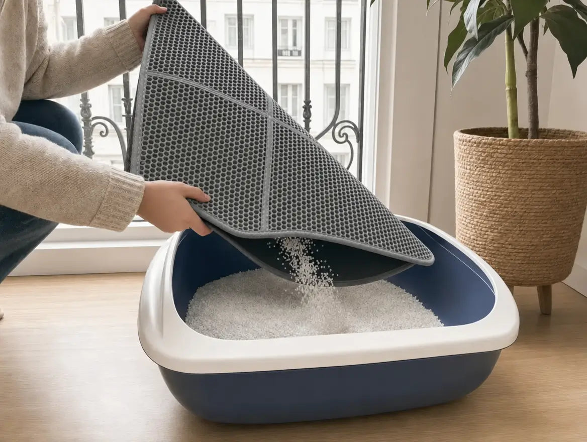 Main soulevant le tapis XL au-dessus du bac à litière, les grains retombent dedans