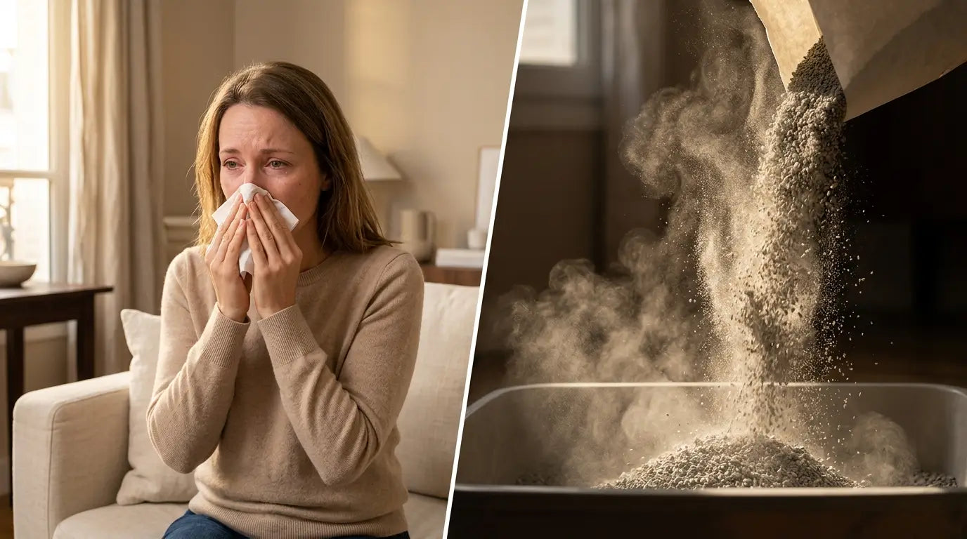 Femme allergique se mouchant à côté d'une litière qui dégage de la poussière