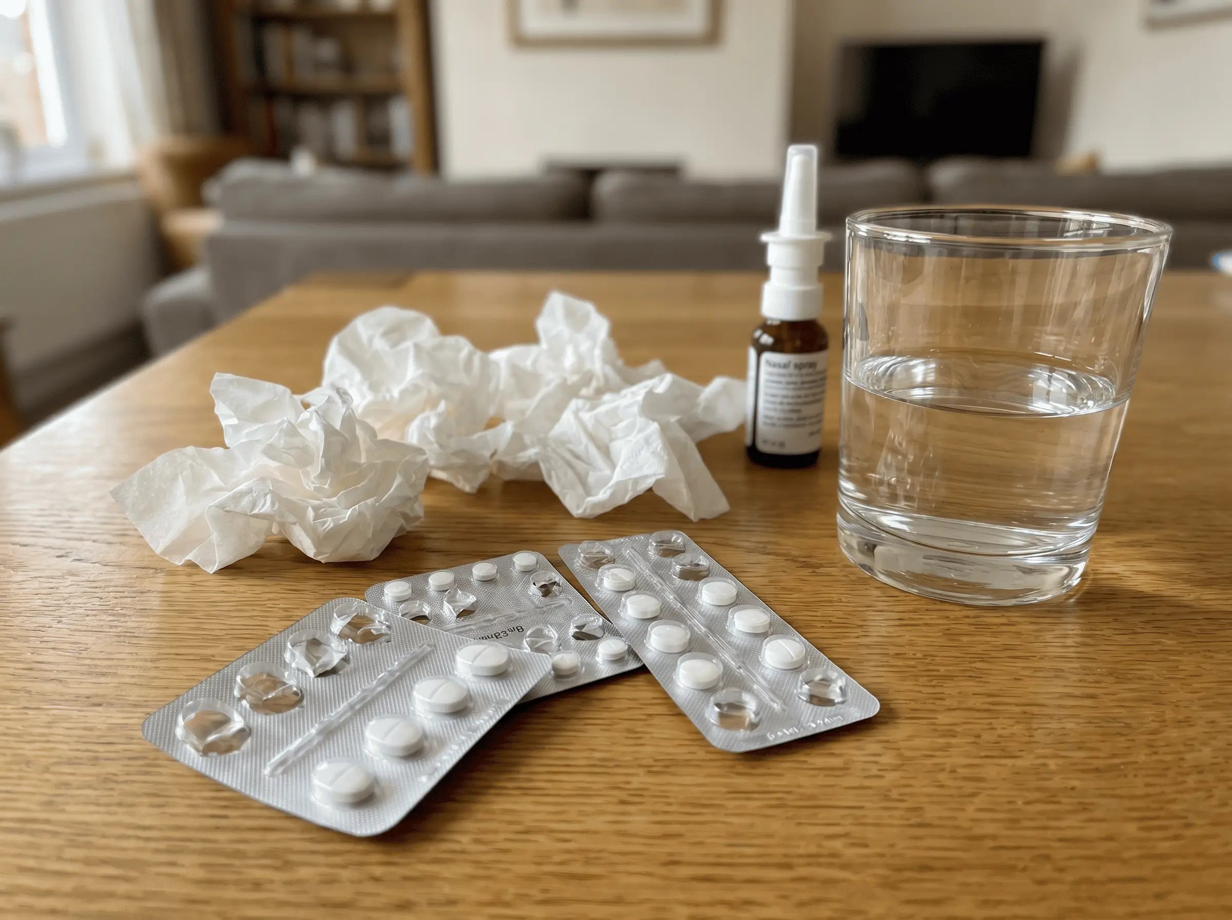 Plaquettes d'antihistaminiques, mouchoirs froissés et verre d'eau sur une table