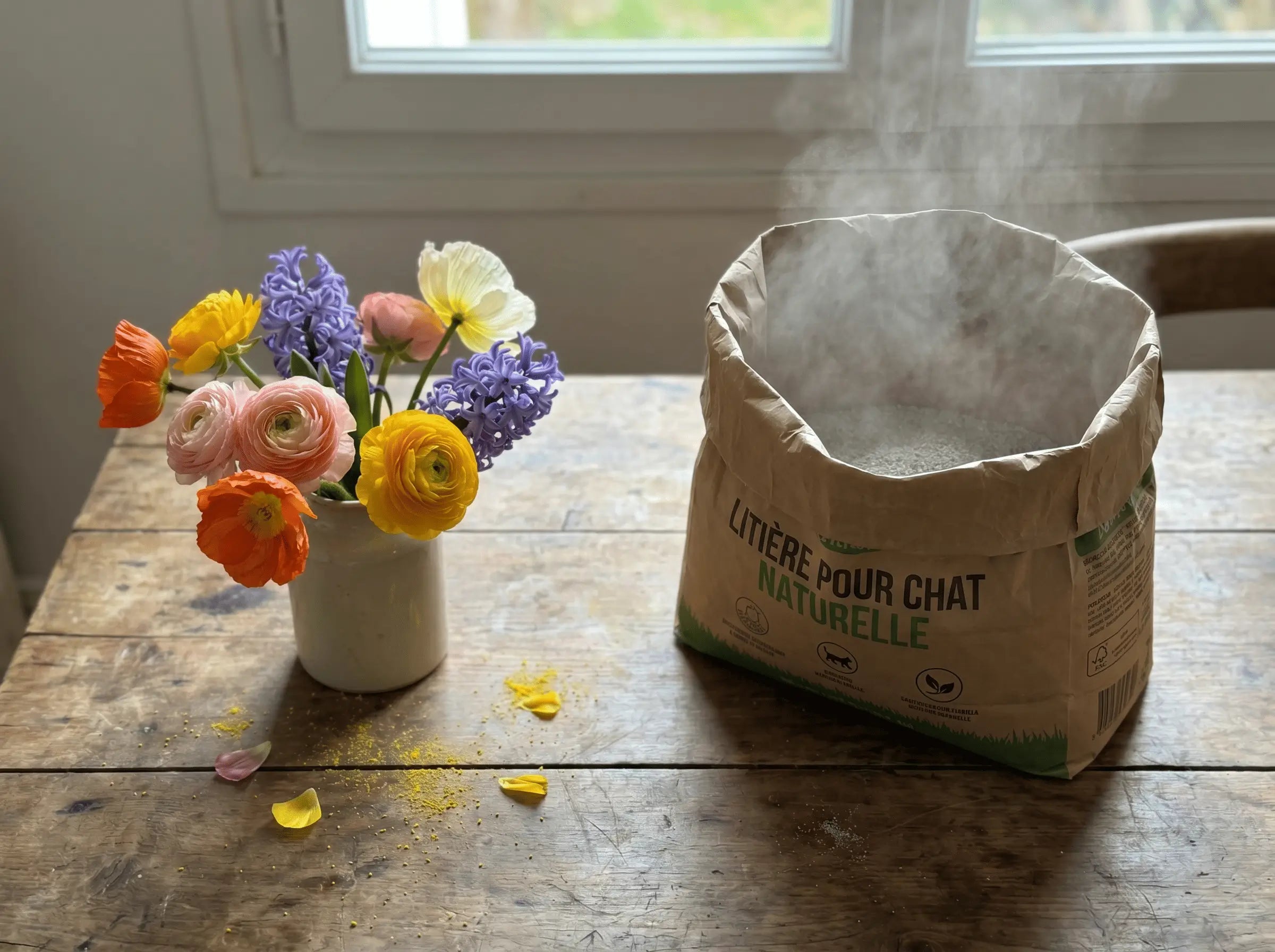 Bouquet de fleurs pollens et sac de litière avec poussière côte à côte sur une table