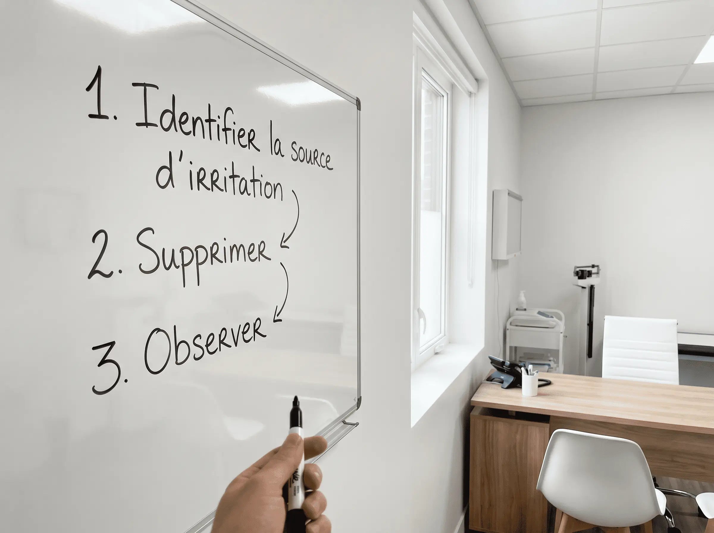 Tableau blanc dans un cabinet médical : 1. Identifier la source d'irritation, 2. Supprimer, 3. Observer