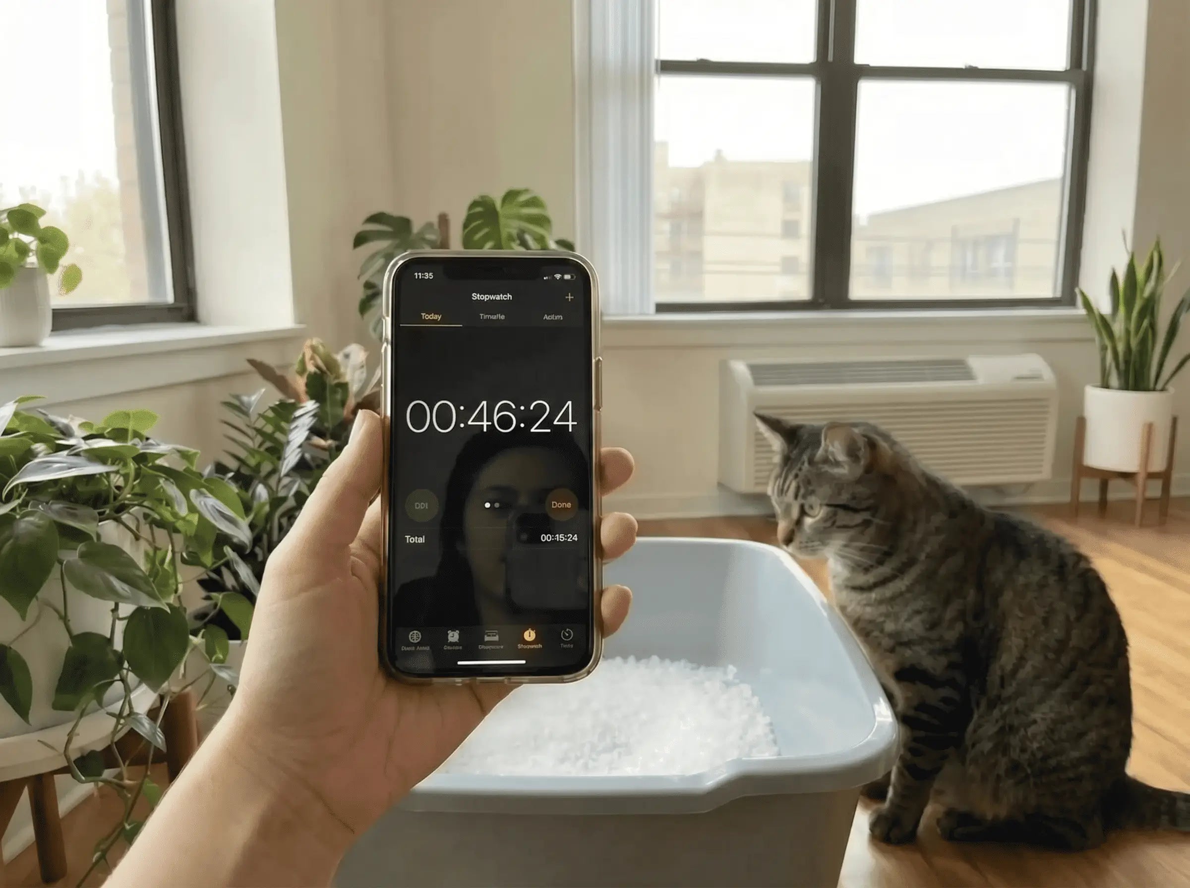 Chronomètre iPhone affichant 45 secondes à côté d'un bac Pacha propre avec un chat tabby
