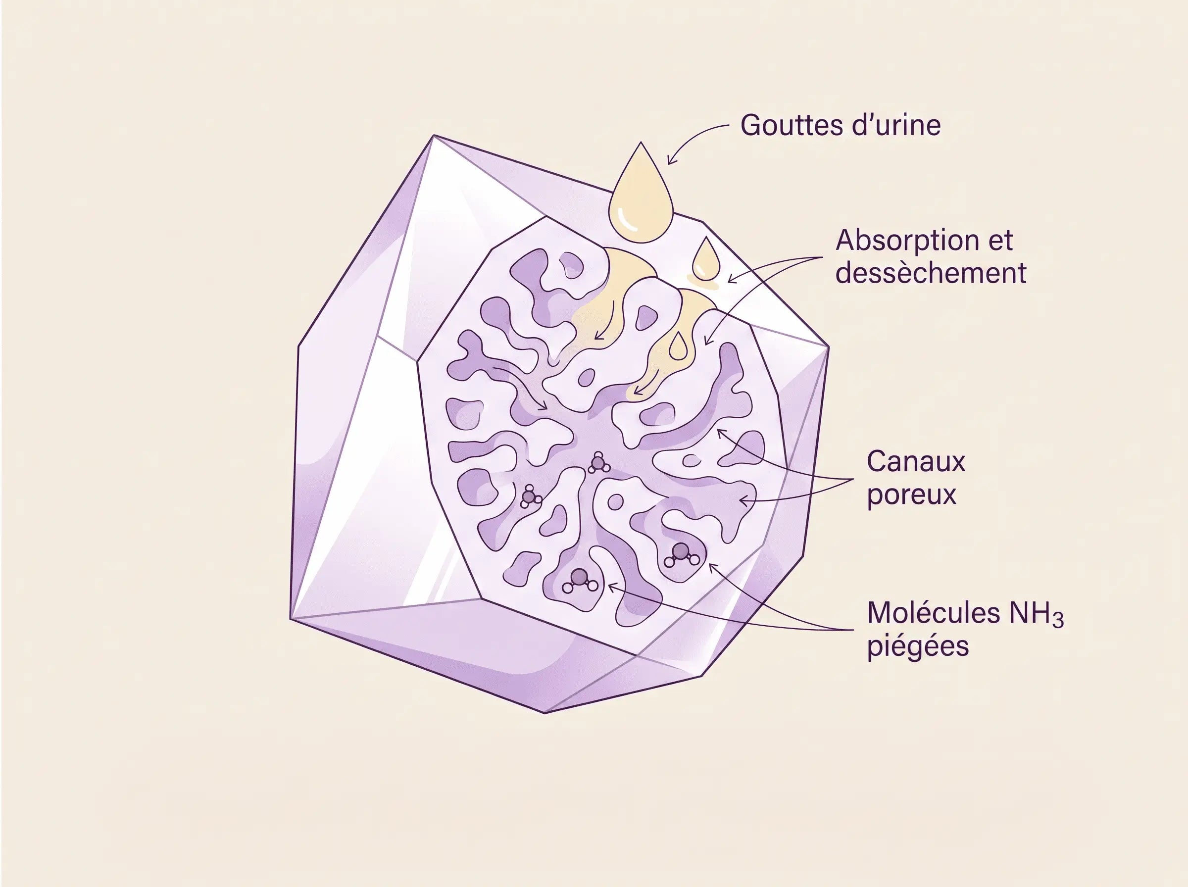 Illustration scientifique : coupe d'un cristal de silice Pacha avec pores absorbant l'urine et piégeant l'ammoniac
